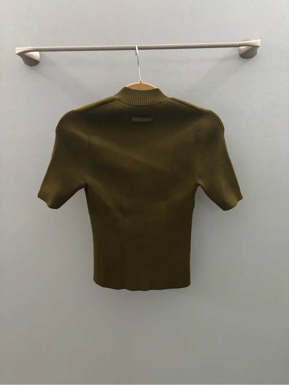 Tory Burch Half Zip Olive Green Short-Sleeve Ribbed Zip Mock-Neck Top